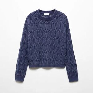 Mango Openwork Knit Sweater Blue Women's Size Small S Crochet Textured Crew Neck